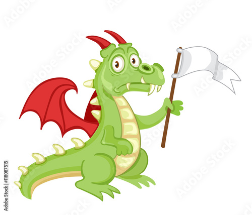 Defeated surrendering dragon holding a white flag.