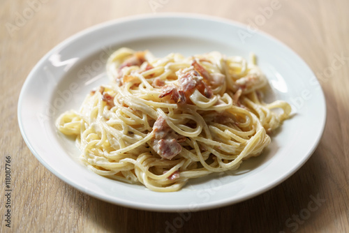 fresh homemade spaghetti carbonara with smoked bacon