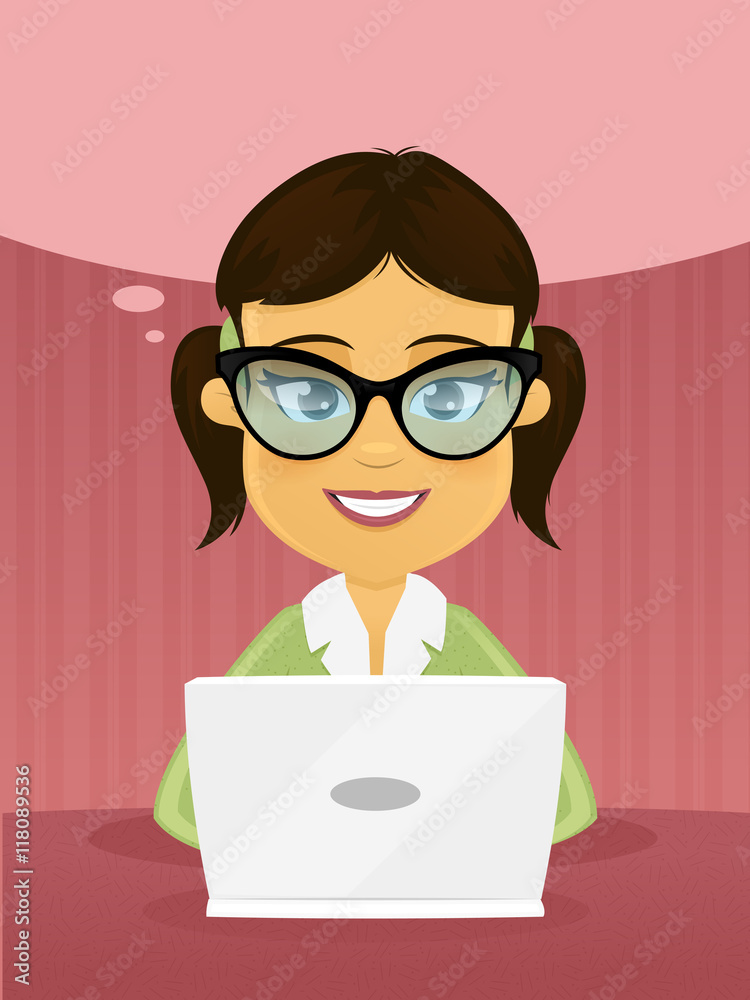 Happy female nerd, girl working on laptop