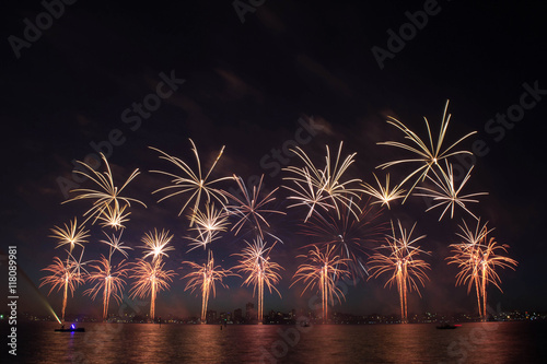 Colorful fireworks with reflection on lake and night sky in background. photo