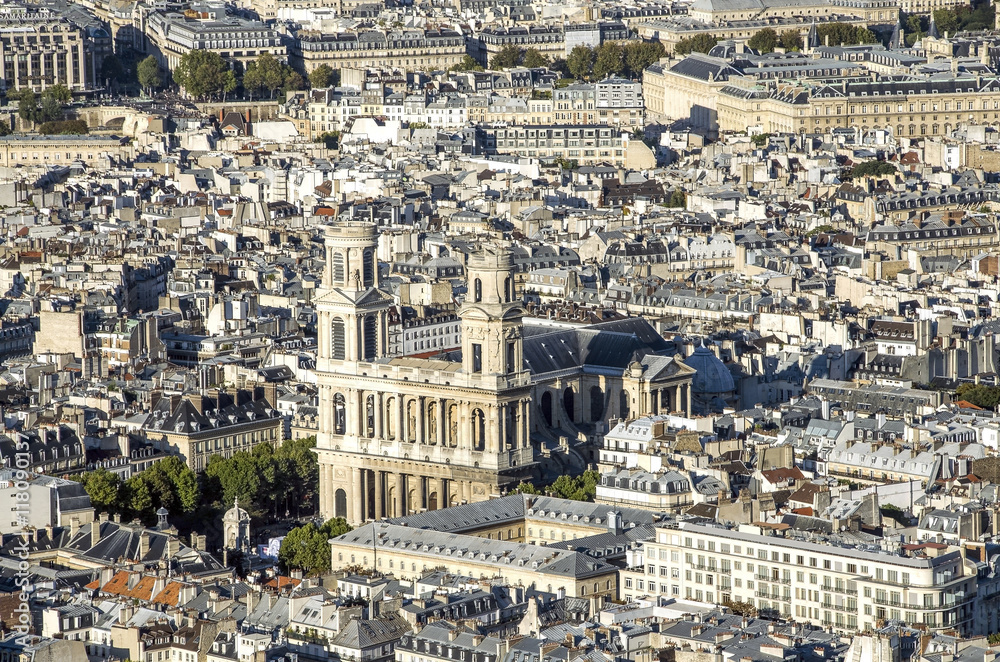 Aerial view of Notre dam taken from Montparnasse Tower in Paris, France