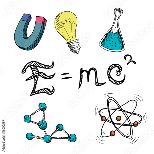 Mass-energy equivalence E=mc2 isolate on white background. Hand drawn illustrations. Vector