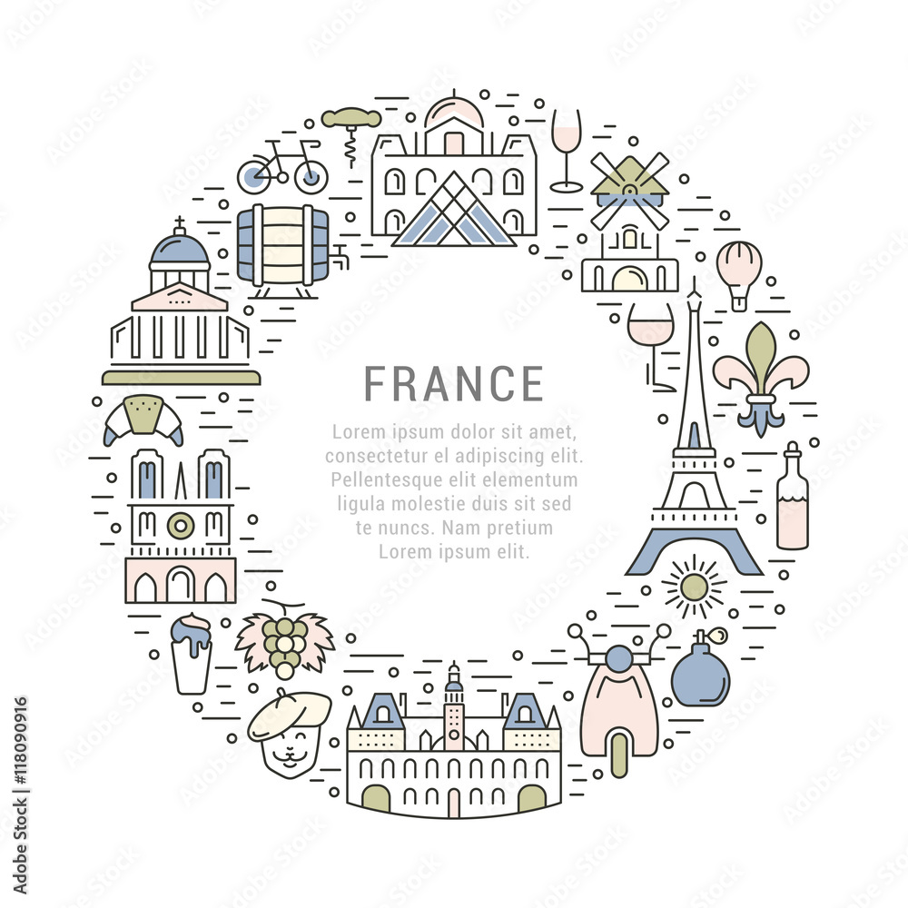 Vector Flat Line Banner Paris and France