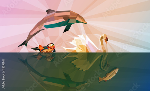 Photography Water is our LIFE - Four water animals background in movement in LOW POLY design
