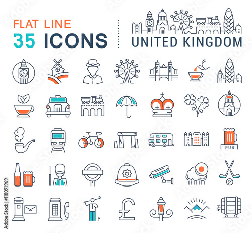 Set Vector Flat Line Icons UK