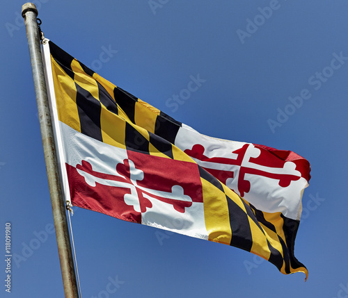 Foto Maryland State Flag blowing in the wind on flag pole against a blue sky