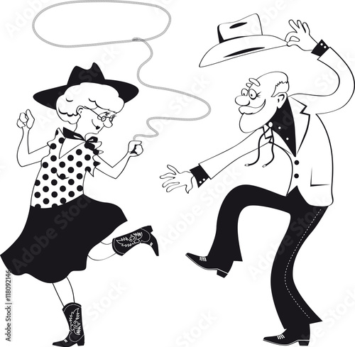 Vector line art of a senior couple dressed in traditional western costumes dancing square dance or contradance, EPS 8, no white objets
