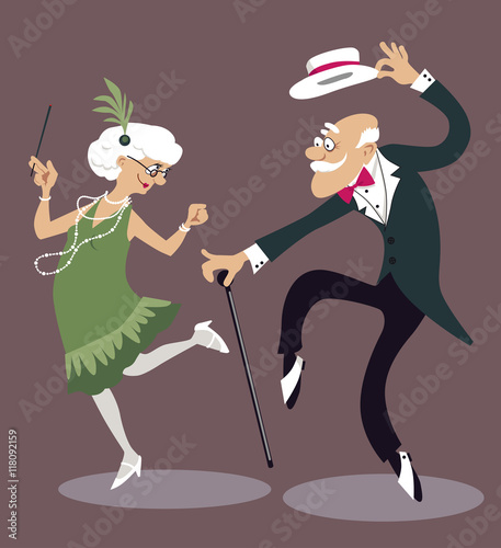 Cartoon elderly couple dancing the Charleston, EPS 8 vector illustration