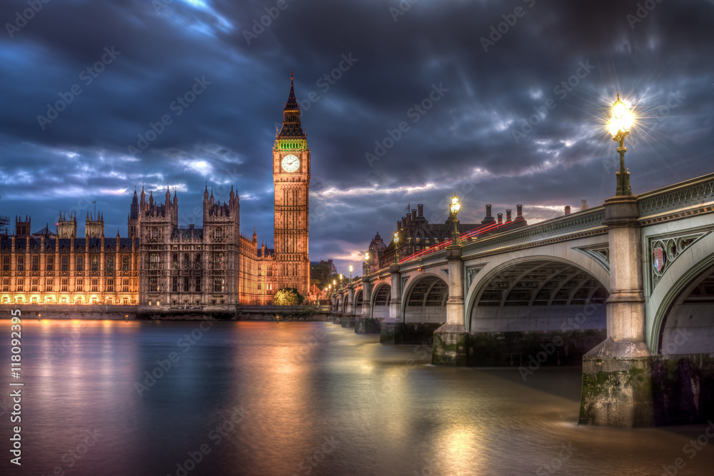 Big Ben and Parliament view at dusk. London, UK