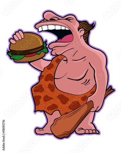 Cave Burger / A caveman enjoys a hamburger.