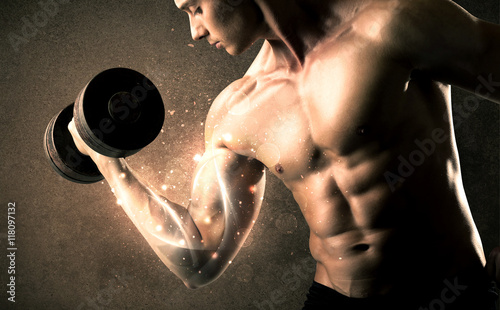 Bodybuilder lifting weight with energetic white lines concept