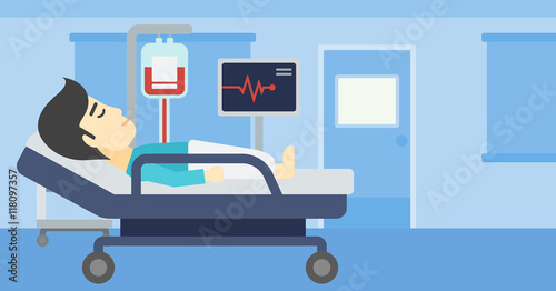 Man lying in hospital bed vector illustration.