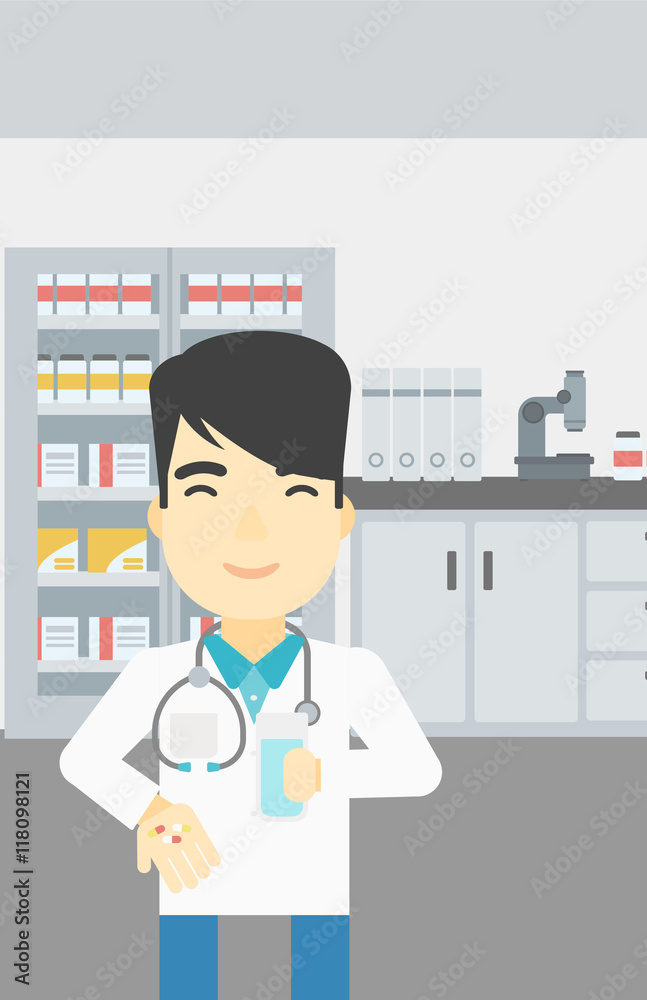 Pharmacist giving pills and glass of water. Pharmacist giving pills and glass of water.