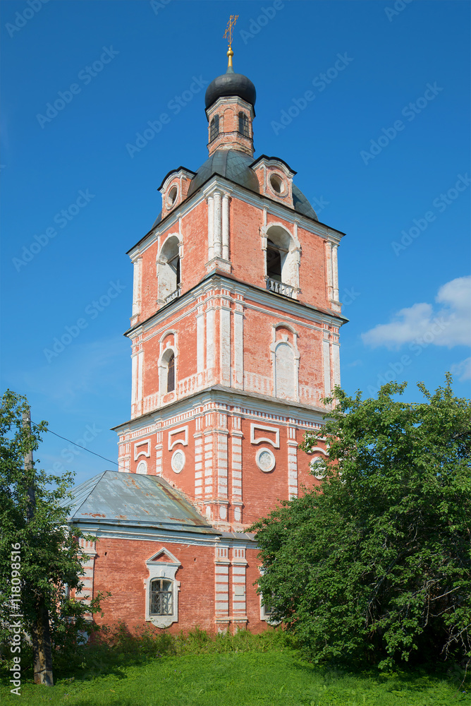 The bell tower of the Epiphany Church of the Assumption Goritsky monastery sunny day in july. The Golden ring of Russia