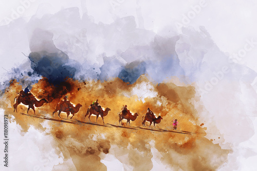 Camel caravan going through the sand dunes in the Gobi Desert, C photo