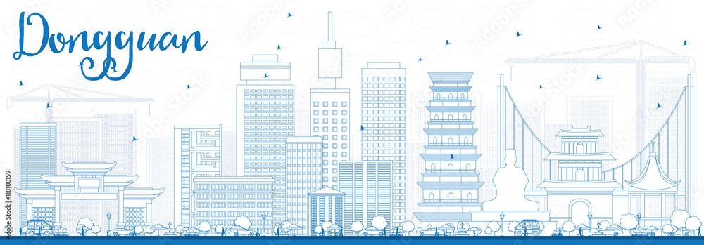 Outline Dongguan Skyline with Blue Buildings.