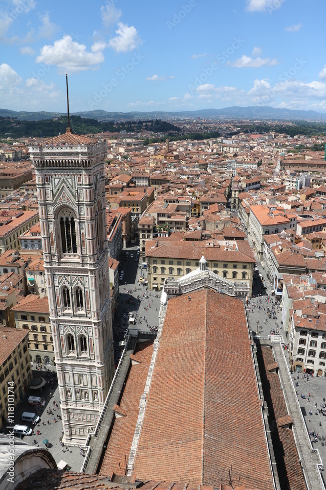 View from above to Campanile Giotto and Cathedral Santa Maria at Piazza del duomo, Florence Italy 
