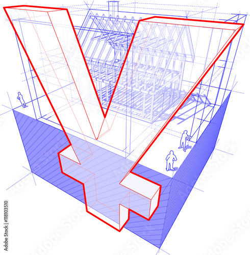 3d illustration of diagram of a framework construction of a detached house with 3D dimensions and yen or yuan currency sign