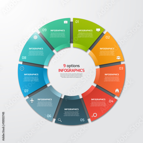 Pie chart circle infographic template with 9 options. Business concept.