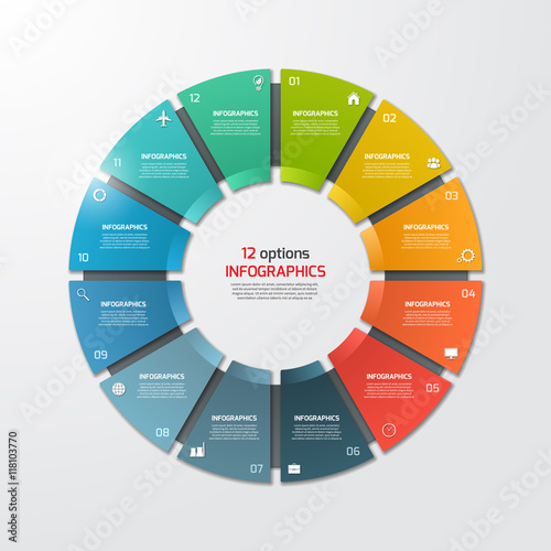 Pie chart circle infographic template with 12 options. Business concept.