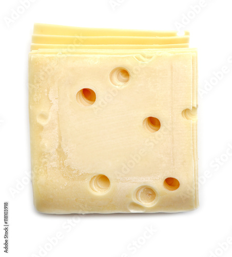 Slice of Swiss cheese close up,  isolated on white background