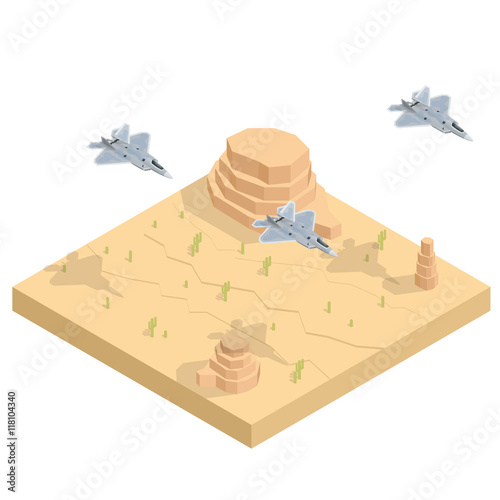 Military airplane at flying. Flat 3d isometric high quality military vehicles machinery transport.
