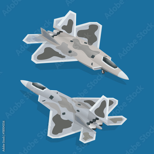 Military airplane at flying. Flat 3d isometric high quality military vehicles machinery transport.