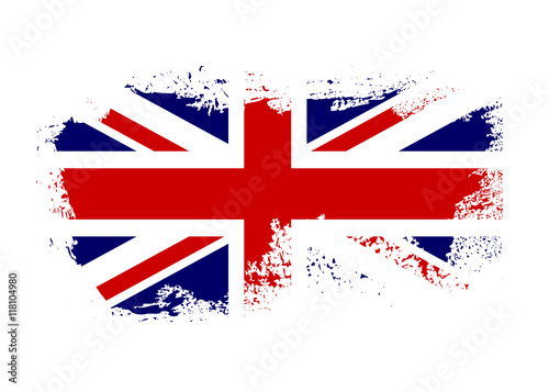 British flag. Grunge old style. Blue, red and white national design, isolated on white background. Symbol of England, Britain, United Kingdom. Fashion template typography. Vector illustration