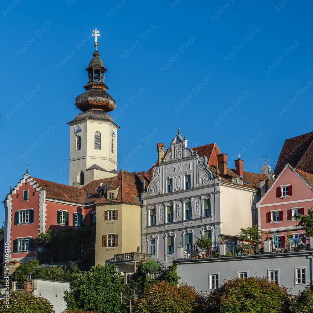 Old architecture of Frohnleiten-small city above Mur river,Styria,Austria.