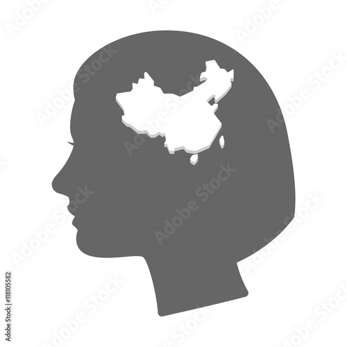 Isolated female head silhouette icon with a map of China