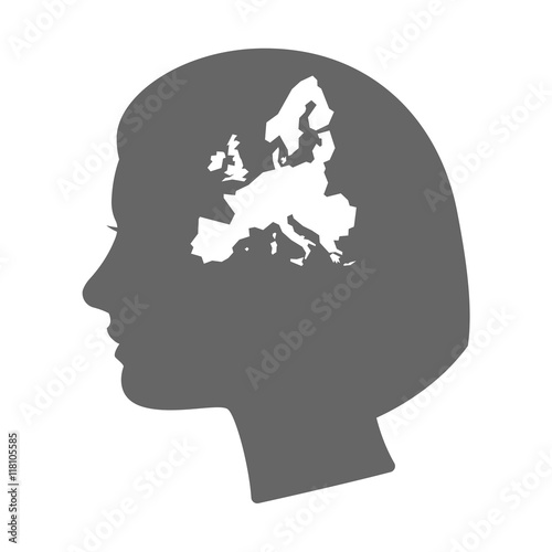 Isolated female head silhouette icon with a map of Europe