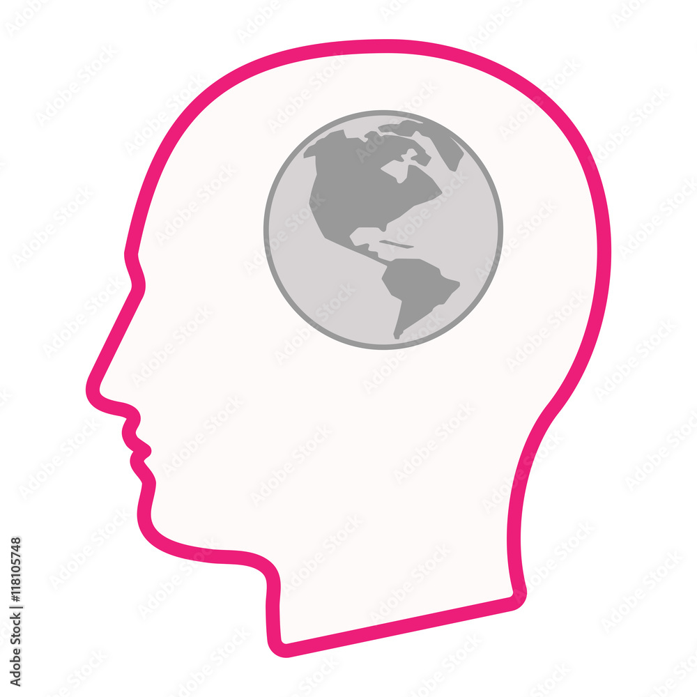 Isolated male head silhouette icon with an America region world Isolated male head silhouette icon with an America region world