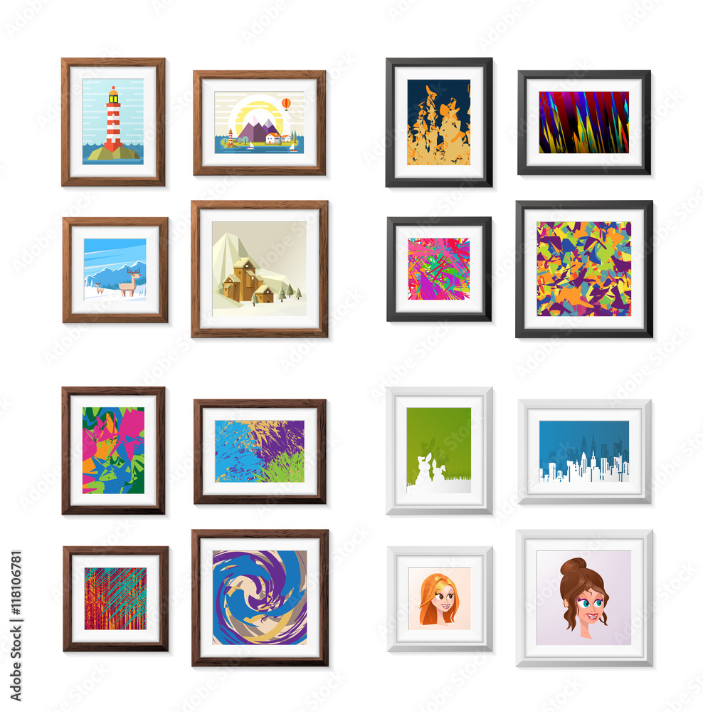 Set of Realistic Minimal Isolated Frames with Art Scene on White Background for Presentations. Vector Elements.