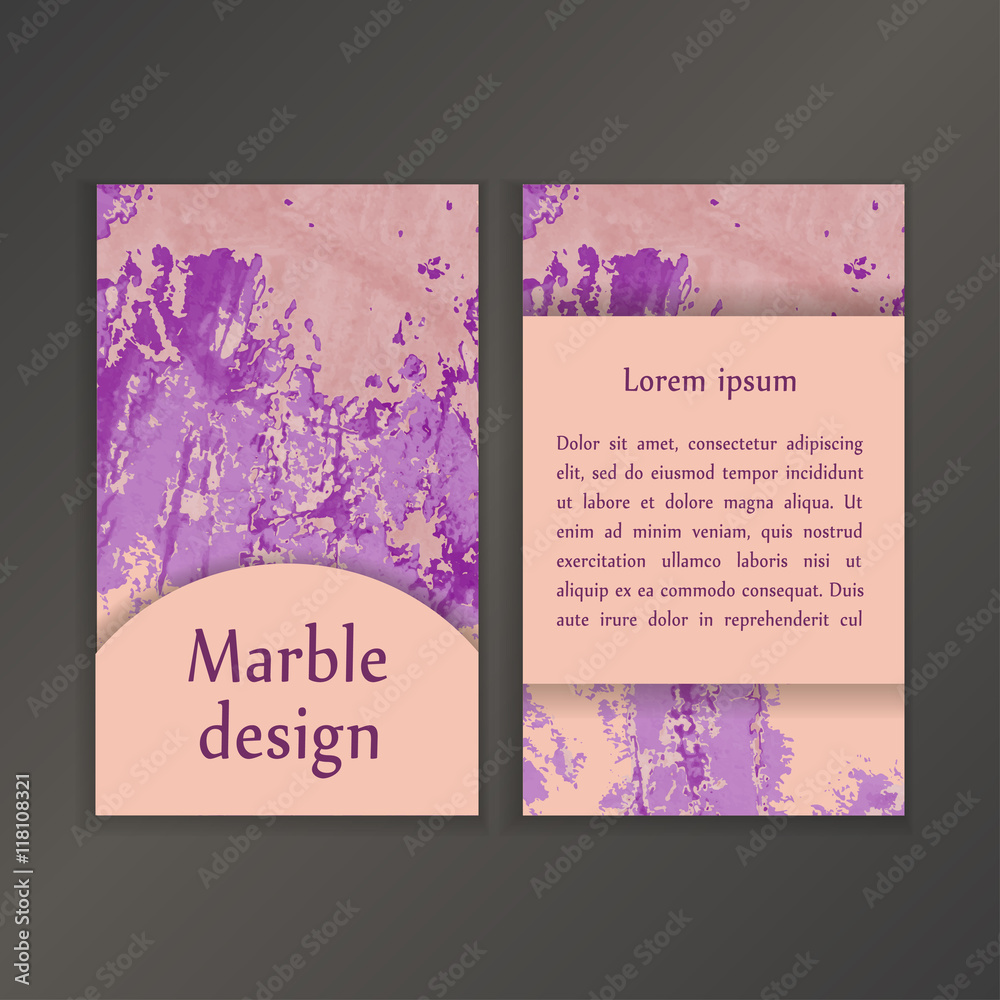 Abstract creative card templates. Weddings, menu, invitations, birthday, business cards with marble texture in trendy colors