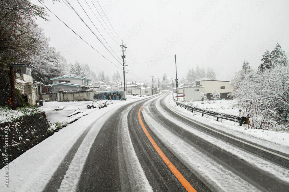 Road on snow in of Japan