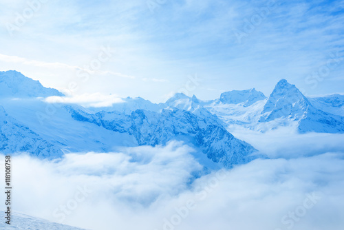 beautiful landscape winter snow covered peaks of Caucasus mounta