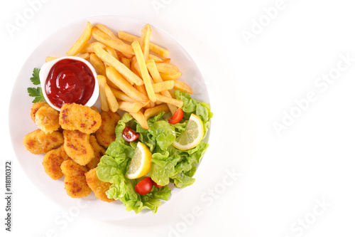 fried chicken with french fries and salad