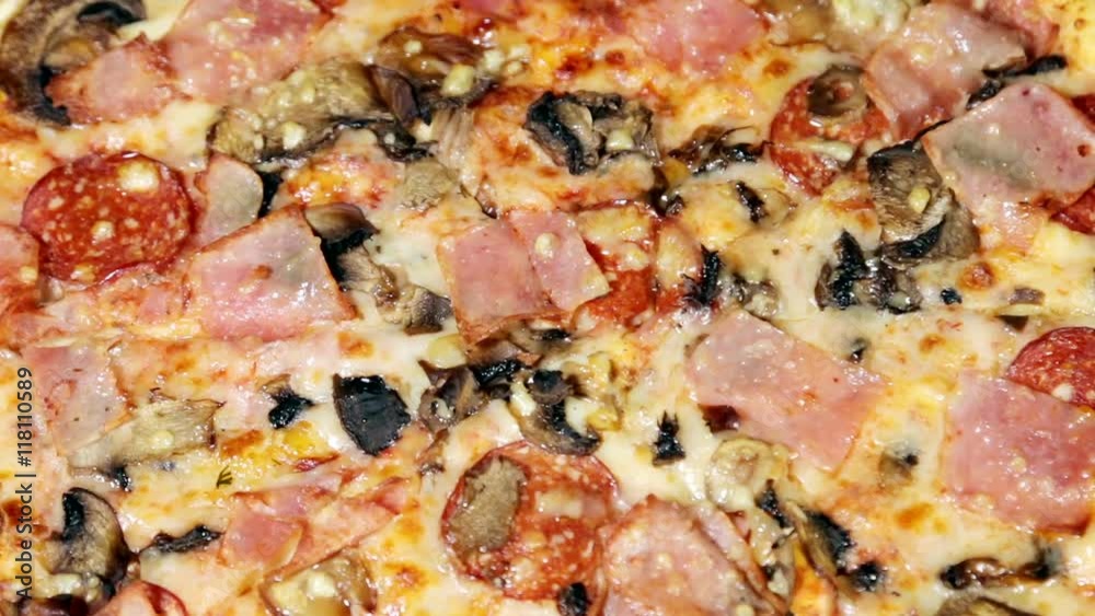 freshly baked meat pizza. shot rotation freshly baked meat pizza. shot rotation