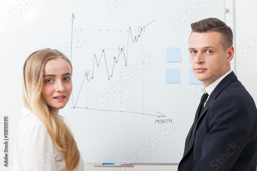 Couple of coworkers near whiteboard