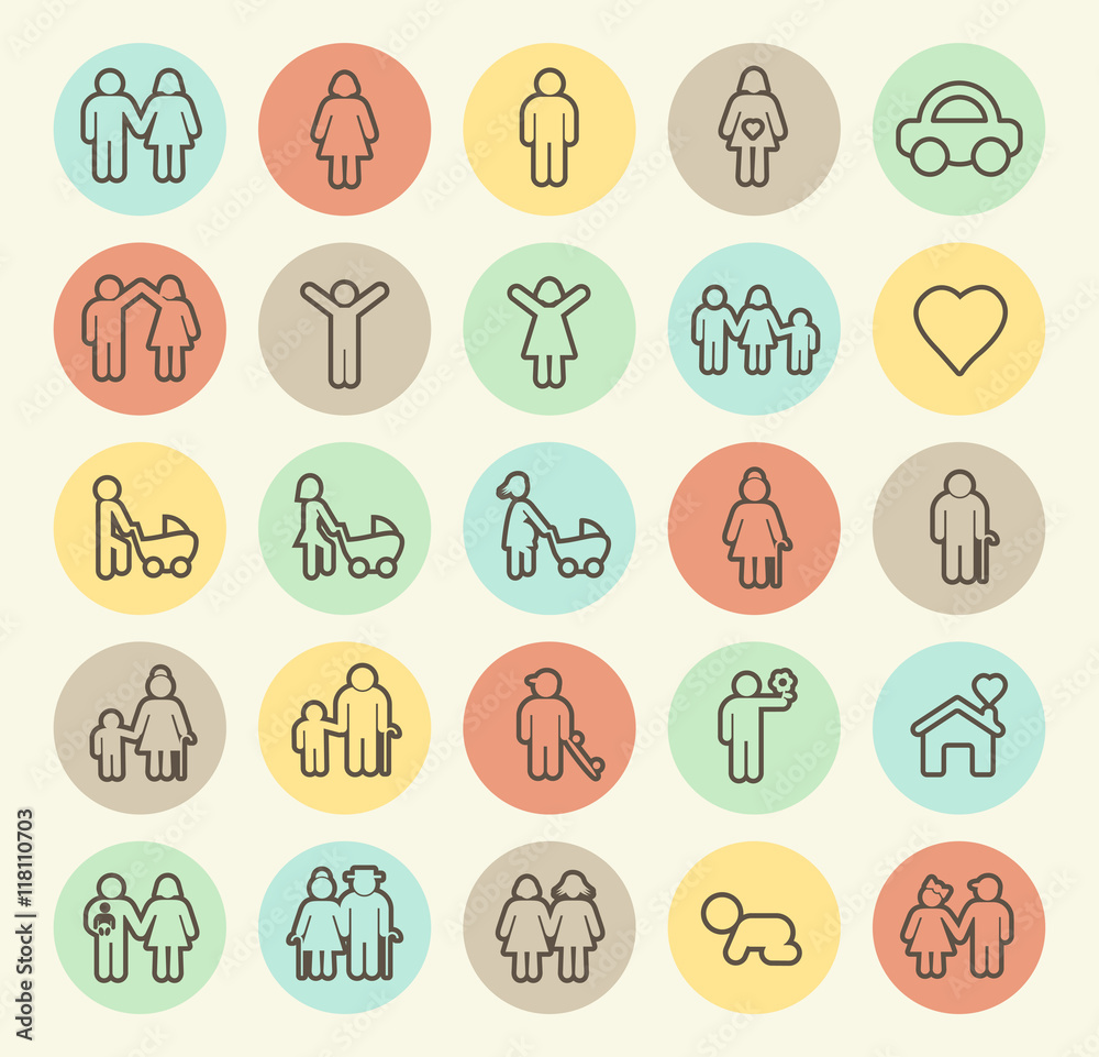 Set of Isolated Universal Minimal Simple Thin Line Family Icons on Circular Color Buttons. Set of Isolated Universal Minimal Simple Thin Line Family Icons on Circular Color Buttons.
