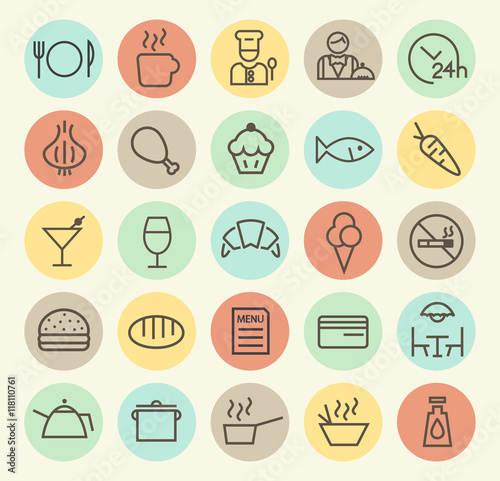 Set of Isolated Universal Minimal Simple Thin Line Restaurant Icons on Circular Color Buttons.