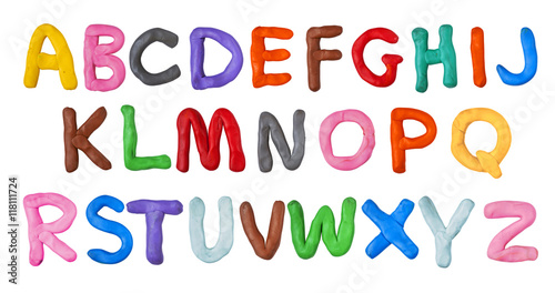 Handmade plasticine alphabet isolated on white background. English colorful letters of modelling clay. photo