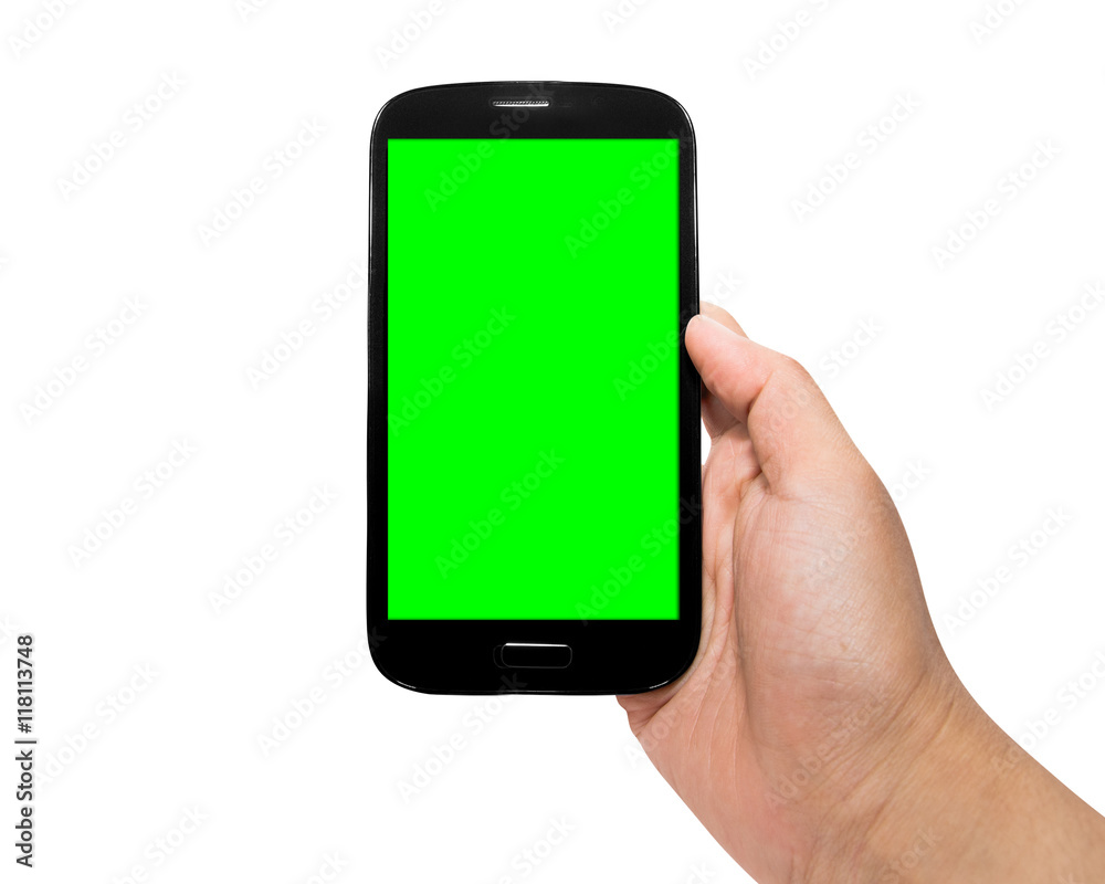 hand holding a mobile device with green monitor hand holding a mobile device with green monitor