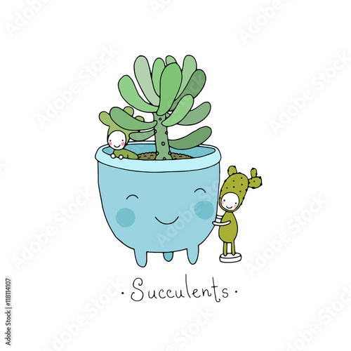 Cartoon cute succulents in pot.