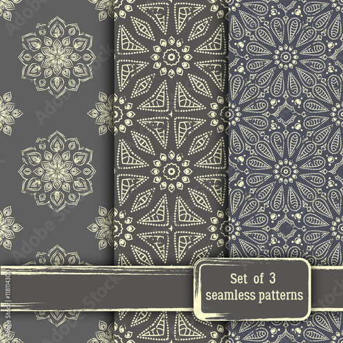 Set of seamless hand drawn mandala patterns. Vintage elements in