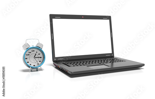 laptop, cup of hot thea and alarm clock, 3d render