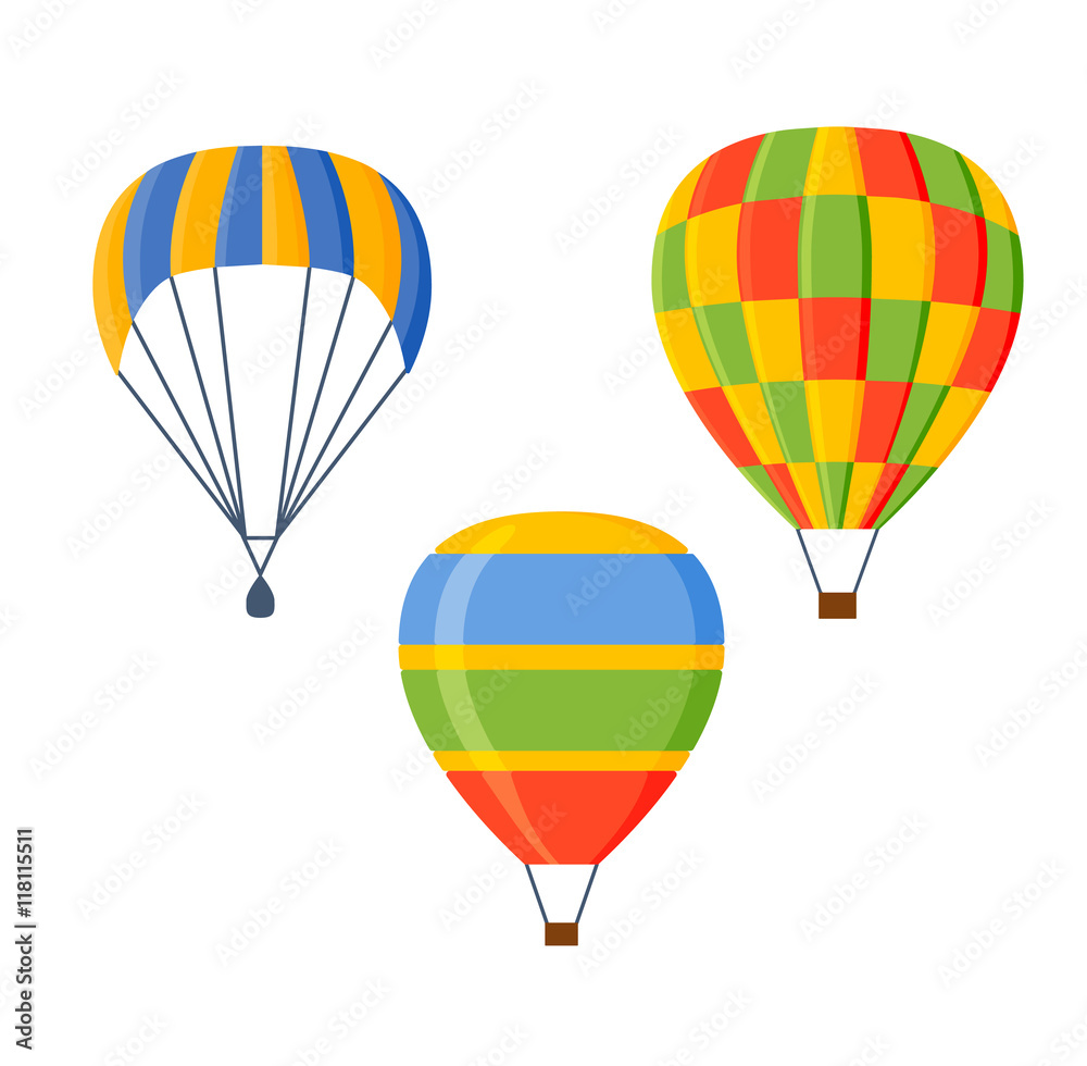 Naklejka premium Illustration fly parachute flat icon cartoon graphic. Modern parachute extreme transport sky adventure journey and air parachute travel transportation flight airship. Hight jump down