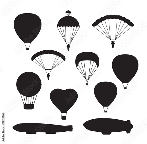 Illustration with different aerostats flat icons cartoon graphic. Modern balloon aerostat transport sky hot fly adventure journey and old vector air ballon travel transportation flight airship.