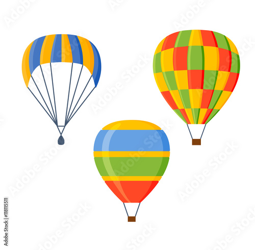 Illustration fly parachute flat icon cartoon graphic. Modern parachute extreme transport sky adventure journey and air parachute travel transportation flight airship. Hight jump down