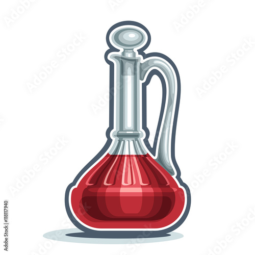 Vector logo full glass Wine Decanter with handle, cartoon cruet red wine with cap, carafe antique crystal filled rose grape vinegar, isolated on white background, bottle with clear pink alcohol drink.